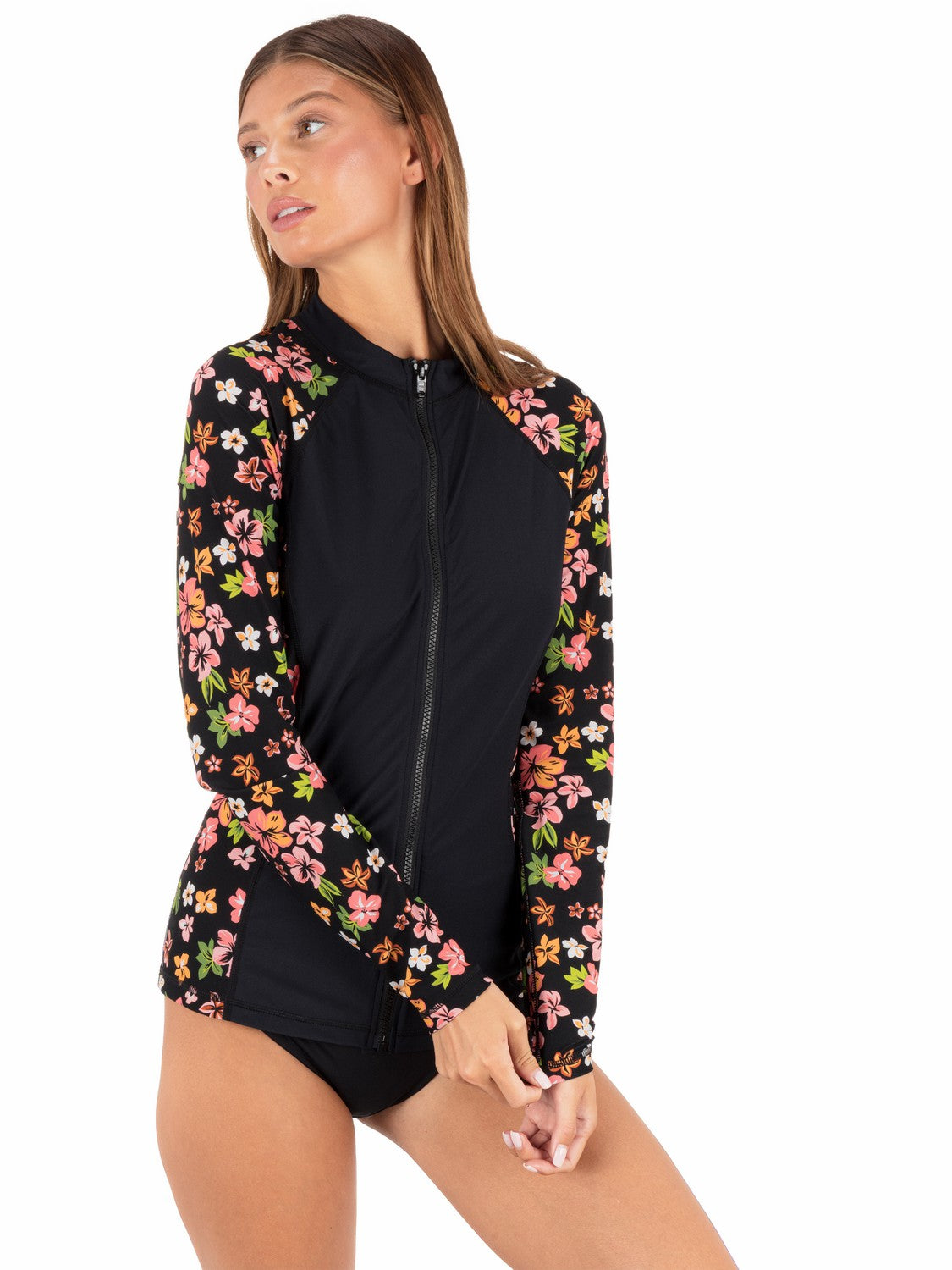 Hibiscus Dream Long Sleeve Front Zip Rashguard Black Floral - Hurley