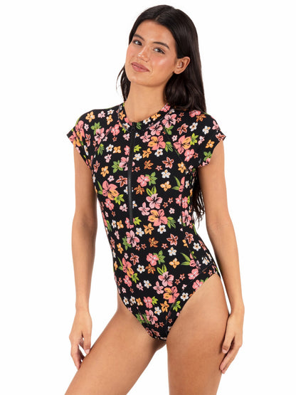 Max Hibiscus Dream Cheeky Short Sleeve Surfsuit Black Floral - Hurley