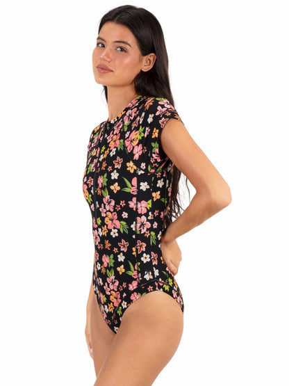 Max Hibiscus Dream Cheeky Short Sleeve Surfsuit Black Floral - Hurley