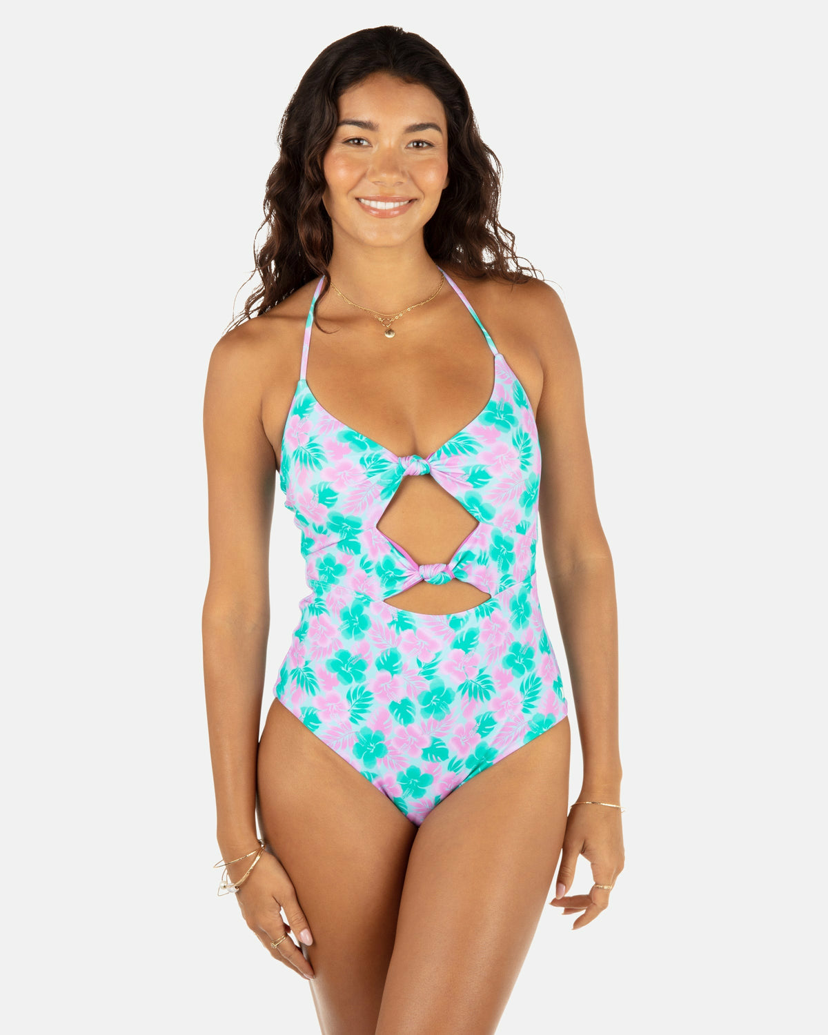 Lani Floral Cheeky Knot One Piece Teal - Hurley
