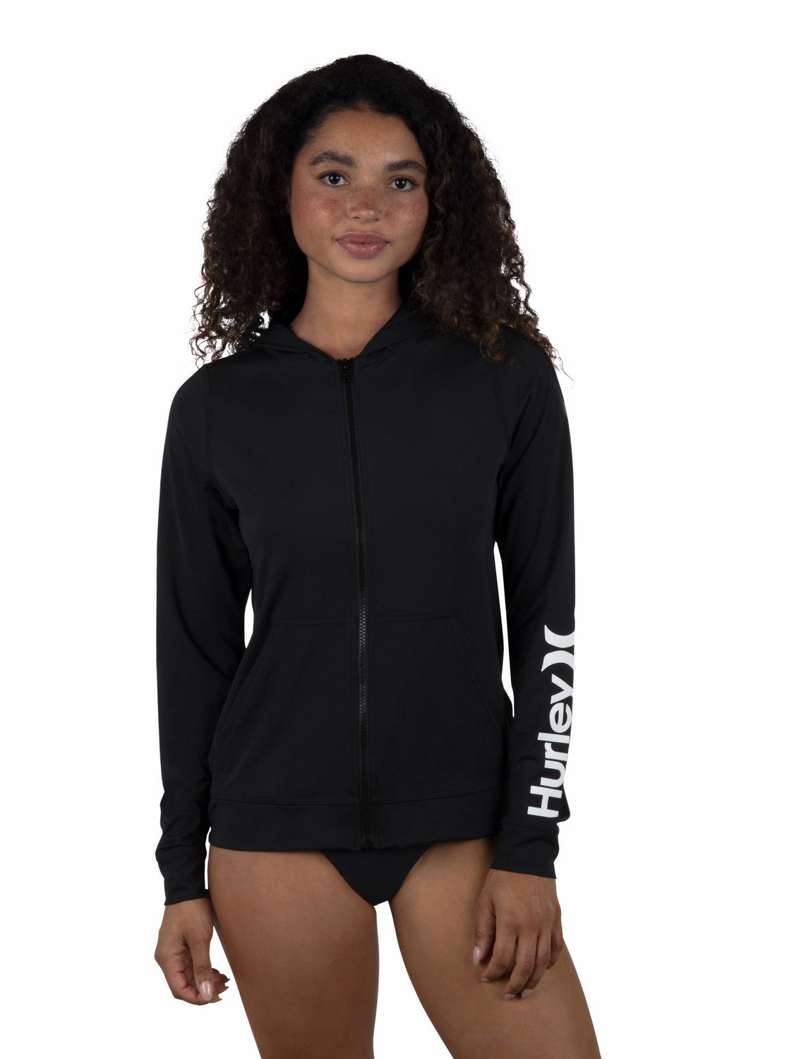 One & Only Solid Zip Hoodie Rashguard Black - Hurley