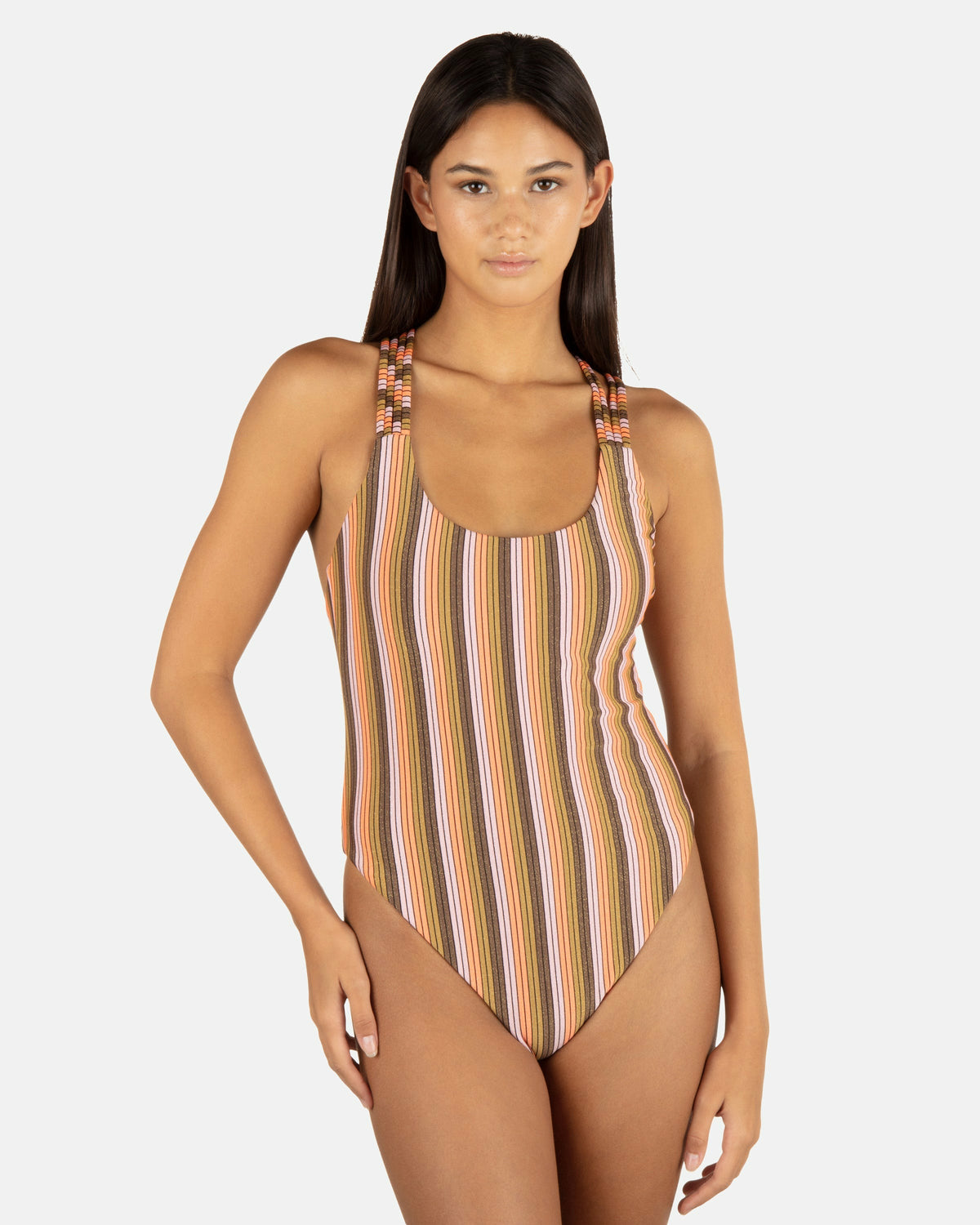 Sunset Shine Stripe Moderate Crossback One Piece Sunrise Pink - Hurley