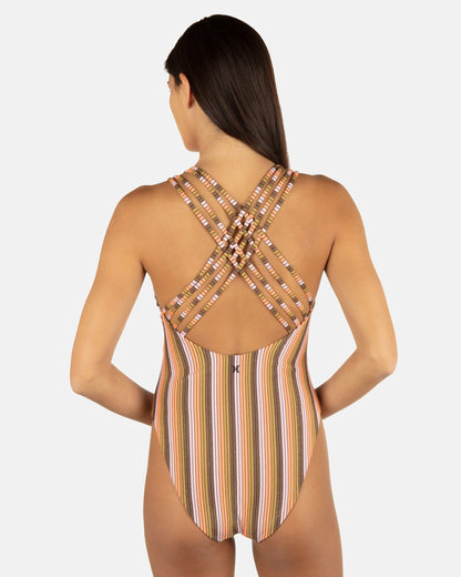 Sunset Shine Stripe Moderate Crossback One Piece Sunrise Pink - Hurley