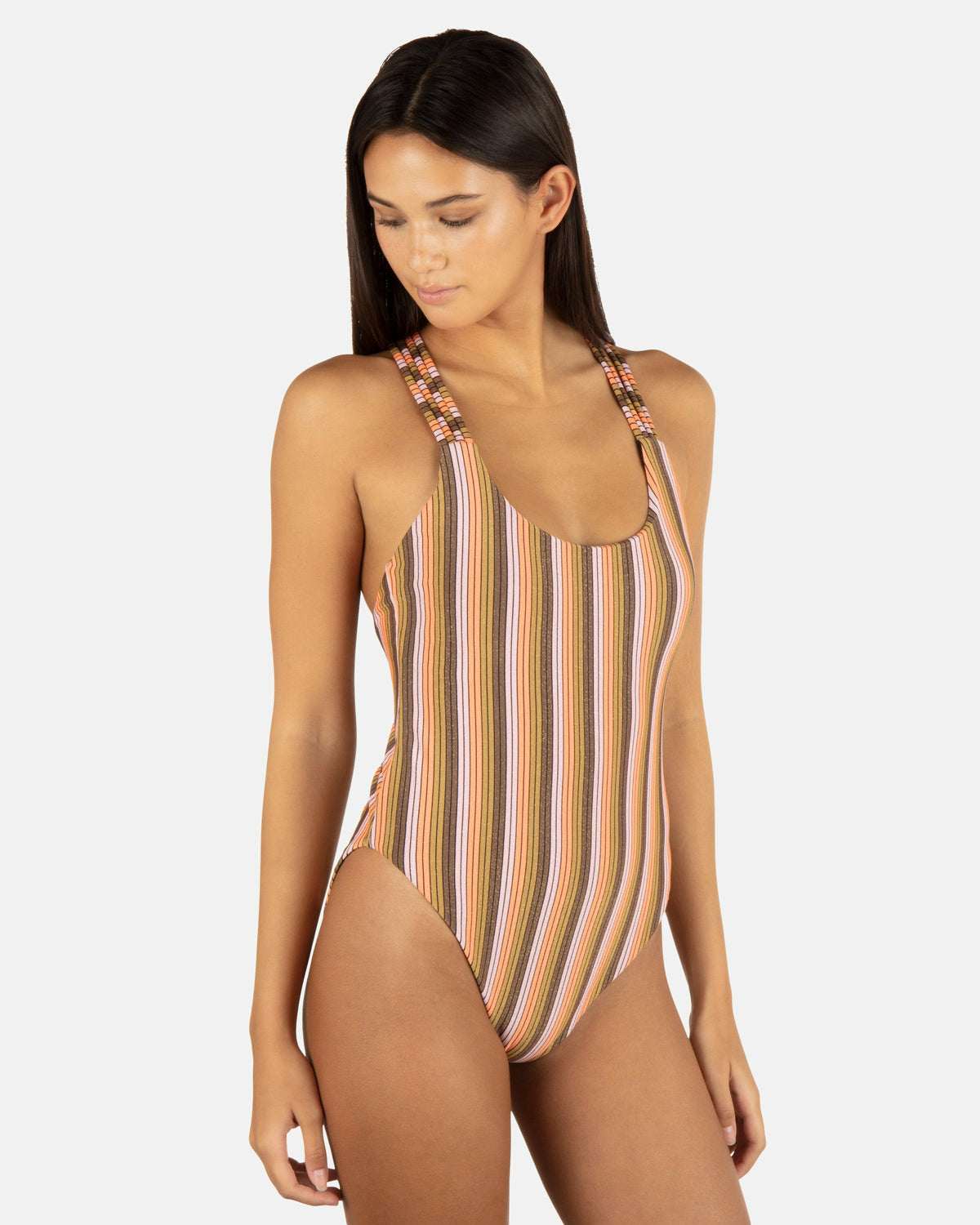 Sunset Shine Stripe Moderate Crossback One Piece Sunrise Pink - Hurley